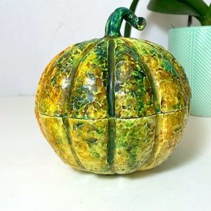Ceramic Pumpkin Bowl/Lid Splatter Paint Green, Gold/Amber 6" x 6"